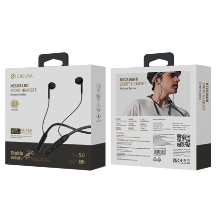 Écouteurs sans fil sport Tour de cou Bluetooth 15H Devia Kintone Series EM036 - Noir — Devia · Smarty Paris 18e